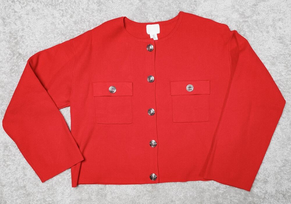 H&M Pocket Detail Red Lightweight Cardigan Silver Buttons Womens M